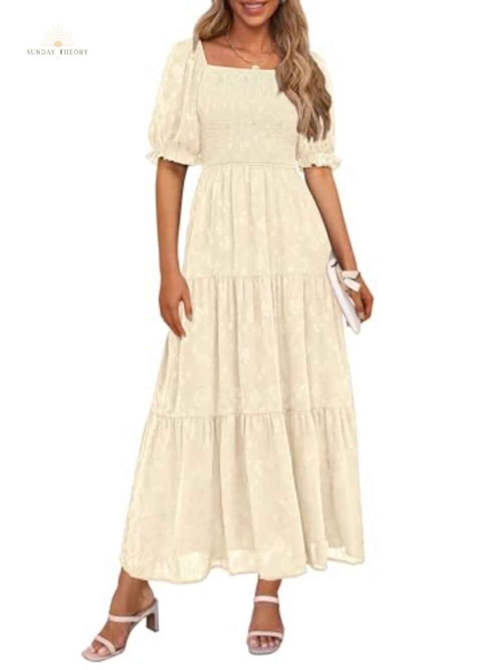 Floral Midi Dress Smocked Ruffle Sleeve Square Neck A-Line